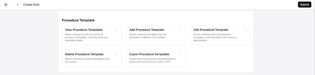 Create Role screen showing Procedure Template permissions as a grid of cards with checkboxes