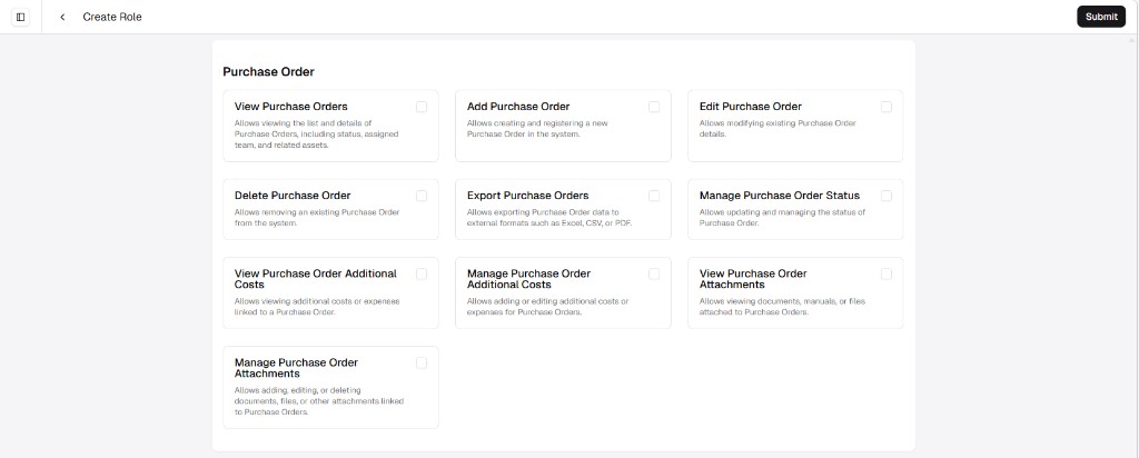 Create Role screen showing Purchase Order permissions as a grid of cards with checkboxes