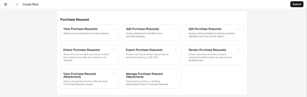 Create Role screen showing Purchase Request permissions as a grid of cards with checkboxes