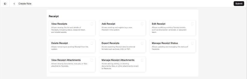 Create Role screen showing Receipt permissions as a grid of cards with checkboxes