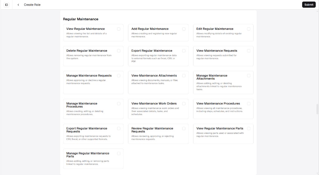 Create Role screen showing Regular Maintenance permissions as a grid of cards with checkboxes