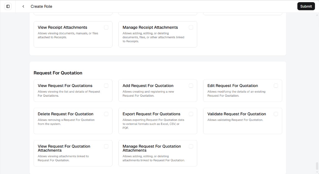 Create Role screen showing Request For Quotation permissions as a grid of cards with checkboxes