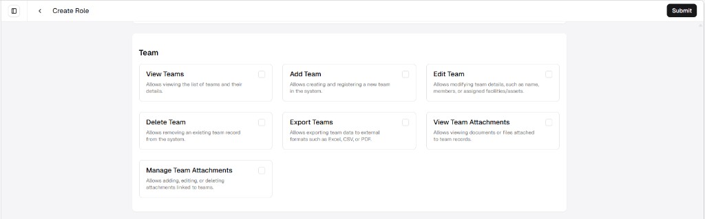 Create Role screen showing Team permissions as a grid of cards with checkboxes