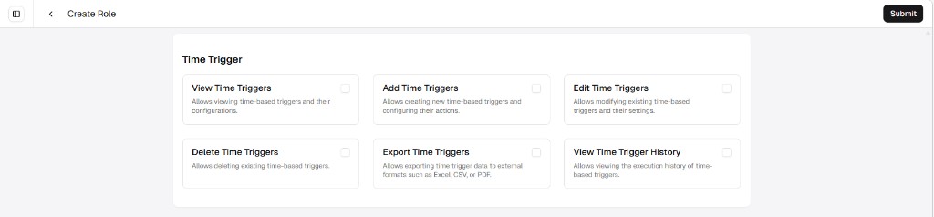 Create Role screen showing Time Trigger permissions as a grid of cards with checkboxes