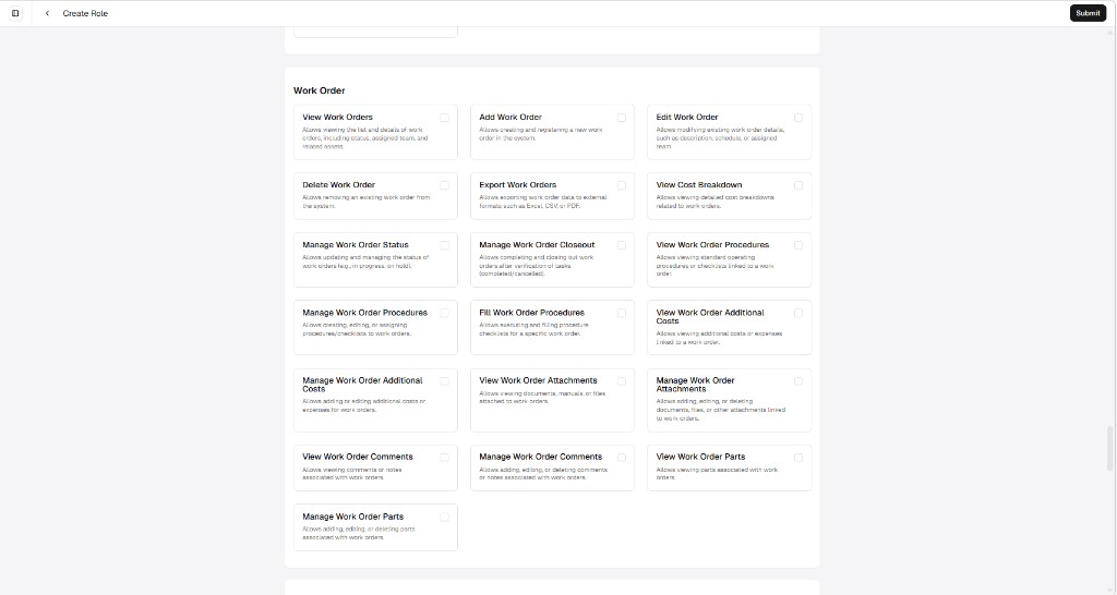 Create Role screen showing Work Order permissions as a grid of cards with checkboxes