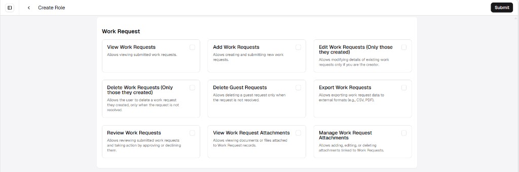 Create Role screen showing Work Request permissions as a grid of cards with checkboxes