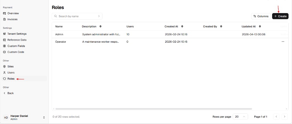 Roles list with search and Create button