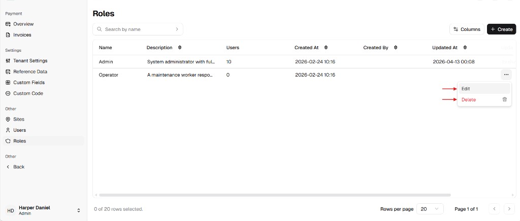 Roles table row menu with Edit and Delete