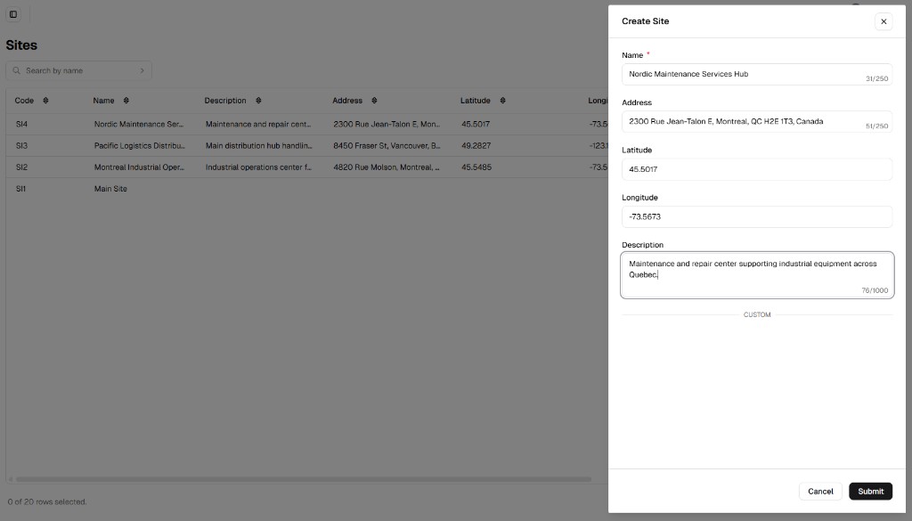 Create Site drawer with Name, Address, coordinates, and Submit