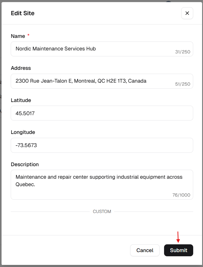 Edit Site drawer with fields and Submit button
