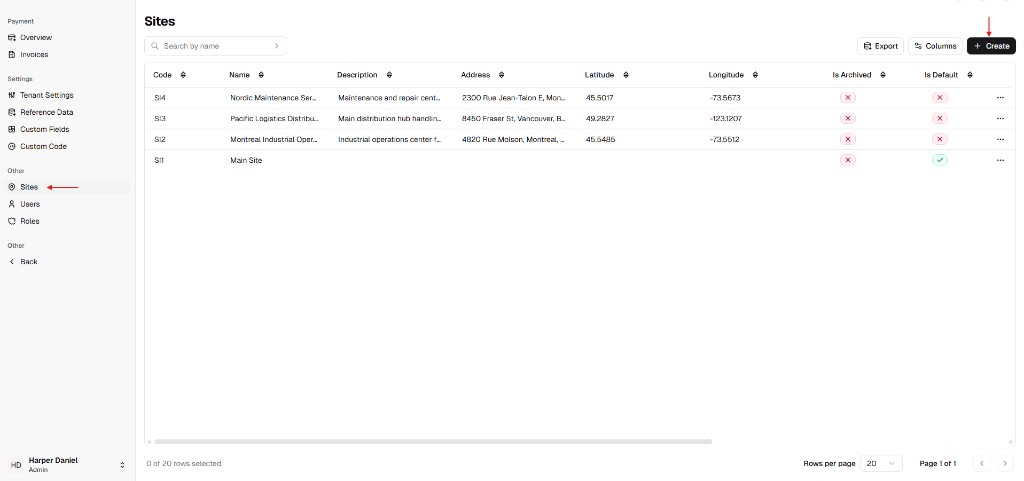 Sites list page with Create button
