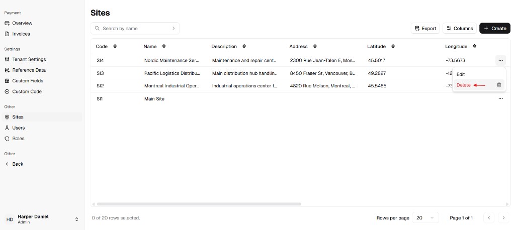 Sites list with row actions menu and Delete option