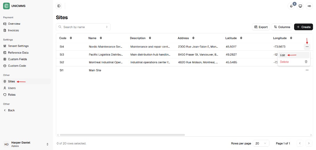 Sites list with row actions menu opened and Edit selected