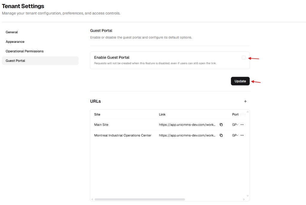 Guest Portal enabled state with update button and generated URL list