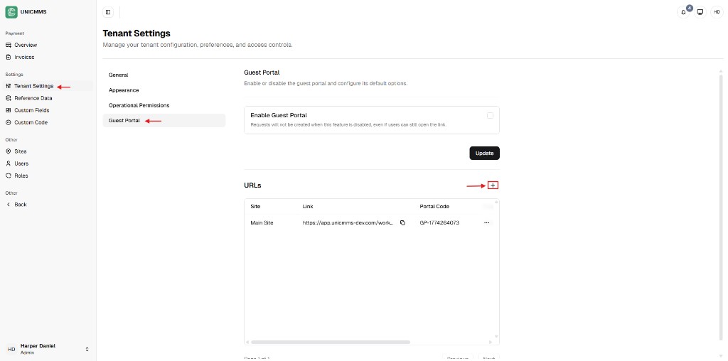 Tenant Settings Guest Portal tab with global toggle and URLs section