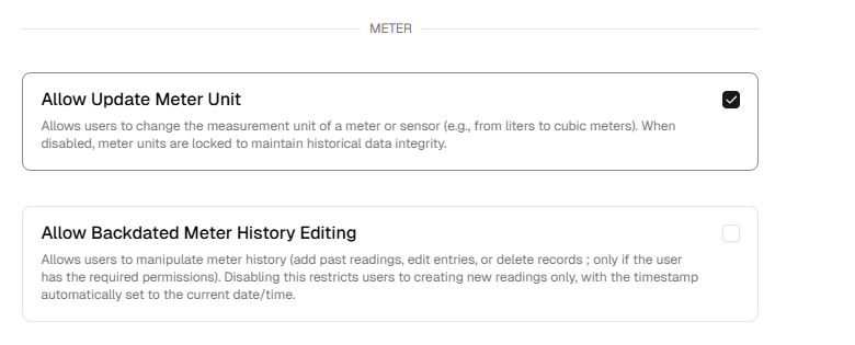 Meter permissions including update meter unit and backdated meter history editing