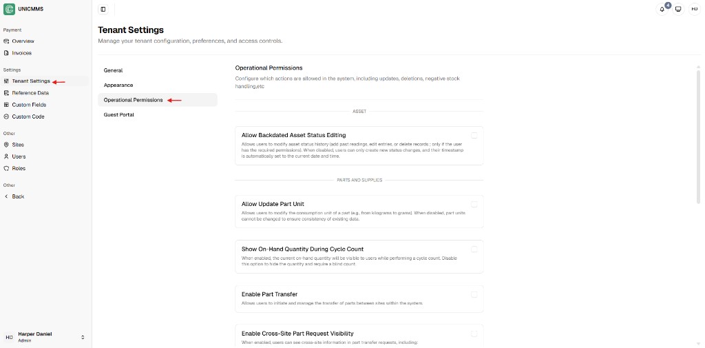 Tenant Settings Operational Permissions tab with grouped toggles