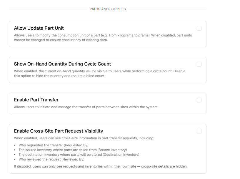 Parts and Supplies permission toggles including part unit and transfer visibility