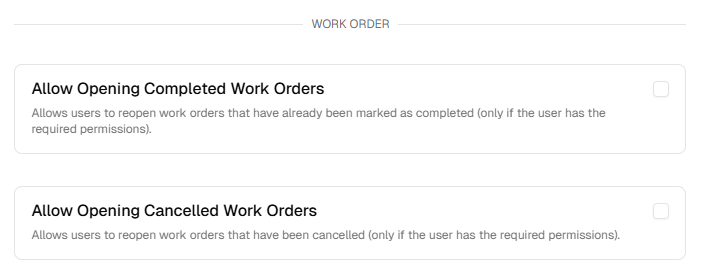 Work order permissions for reopening completed and cancelled work orders
