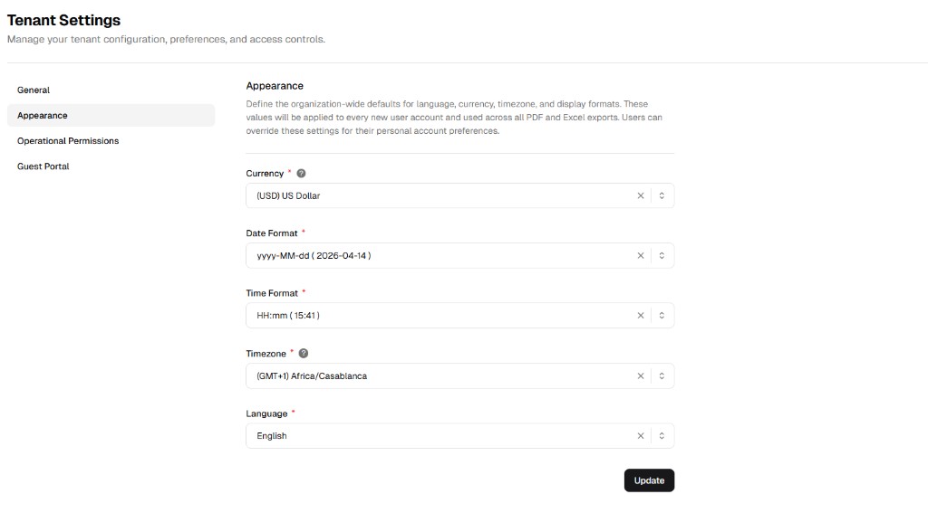 Tenant Settings Appearance tab with currency, date/time format, timezone, and language options