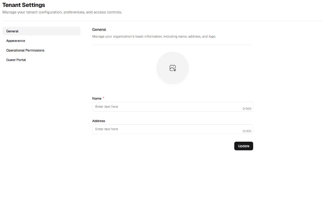 Tenant Settings General tab with Name, Address, and Update button