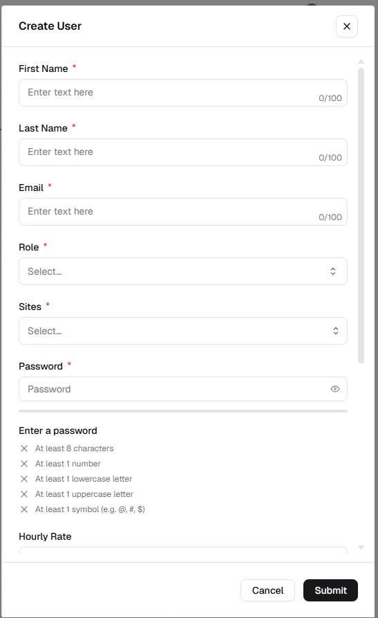 Create User modal showing First Name, Last Name, Email, Role and Sites dropdowns, and Password field with validation hints