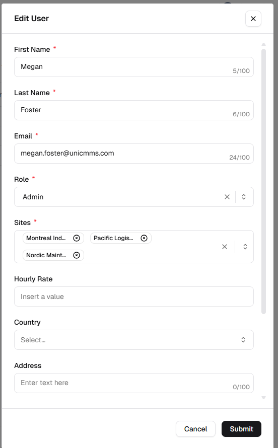 Edit User modal with First Name, Last Name, Email, Role Admin, Sites as removable tags, Hourly Rate, Country, Address