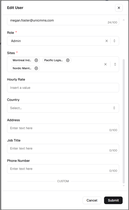 Edit User modal showing Role, Sites tags, Hourly Rate, Country, Address, Job Title, Phone Number, CUSTOM section, Cancel and Submit