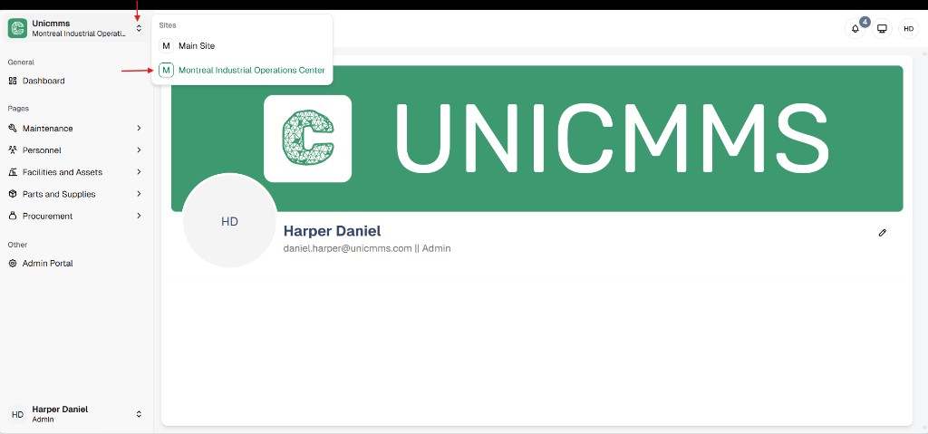 Left sidebar site name with Sites dropdown open listing Main Site and Montreal Industrial Operations Center