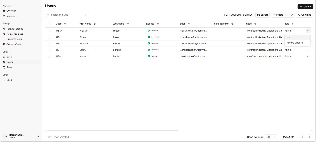 Users list in Admin Portal with row actions menu open showing Edit and Revoke License