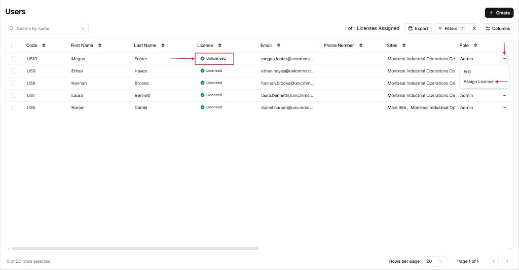 Users list with Unlicensed status and row menu open showing Edit and Assign License