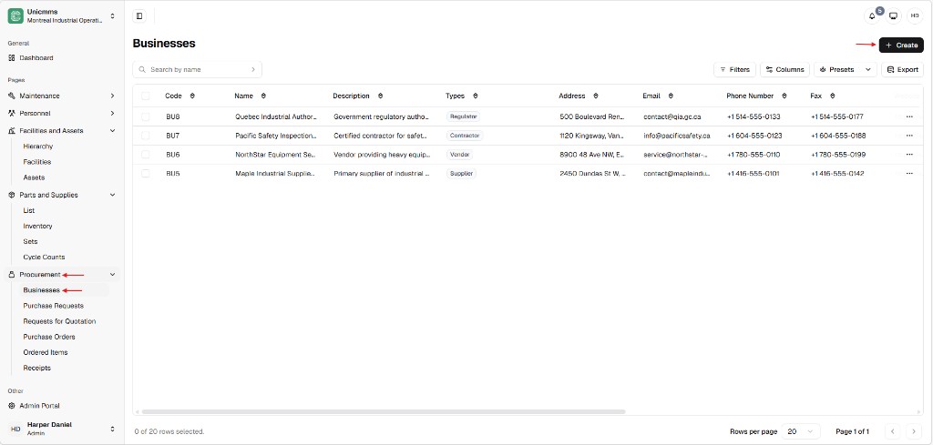 Procurement sidebar with Businesses selected, Businesses table, and + Create button