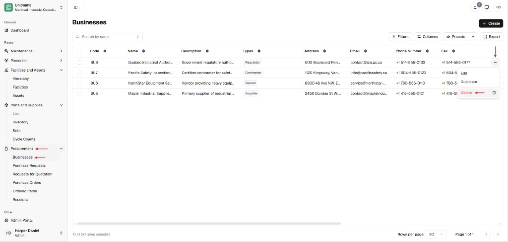 Businesses table under Procurement with row menu open on Delete