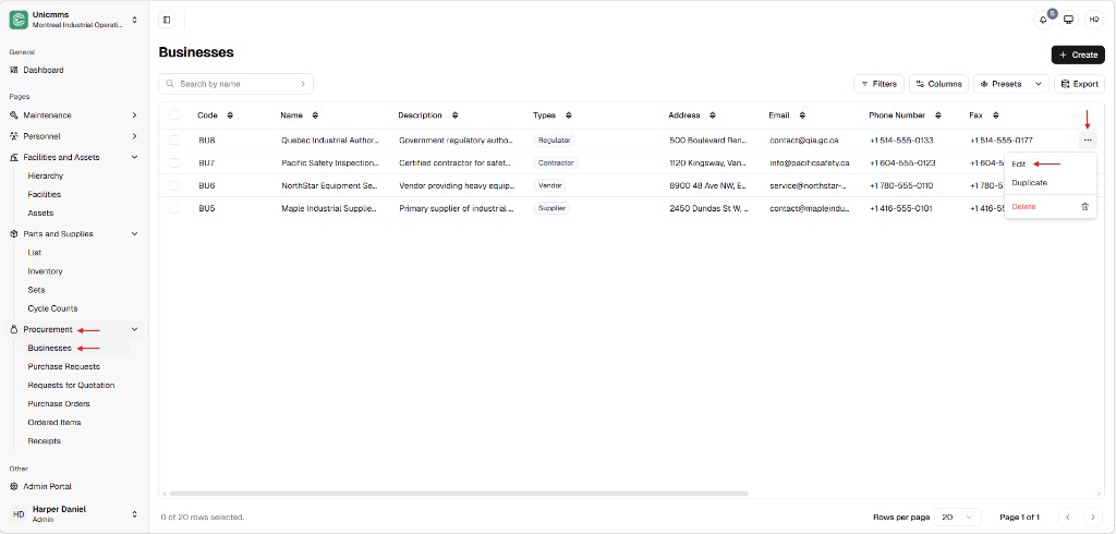 Businesses table with row more menu open showing Edit, Duplicate, and Delete