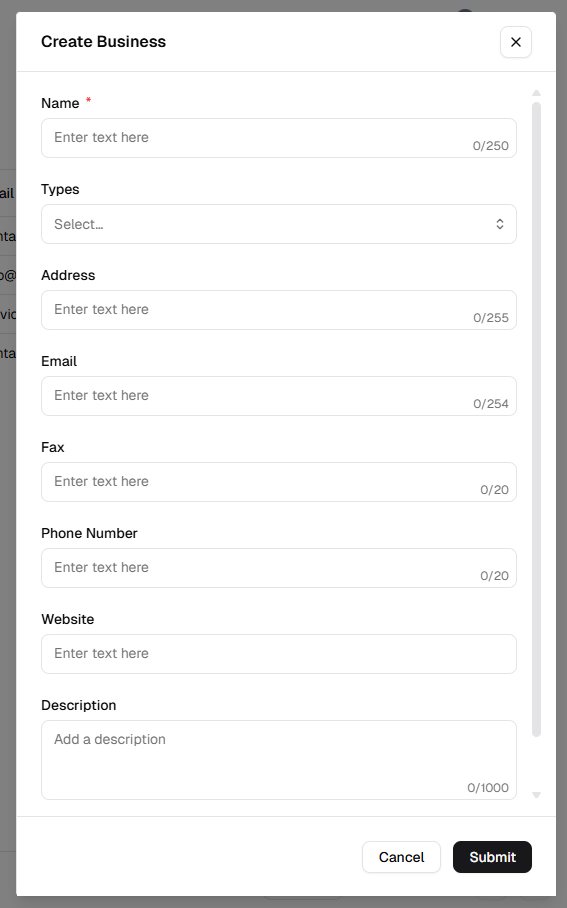 Create Business modal with Name, Types, Address, Email, Fax, Phone, Website, Description, Cancel and Submit