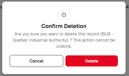 Confirm Deletion modal with record name and Cancel and red Delete buttons