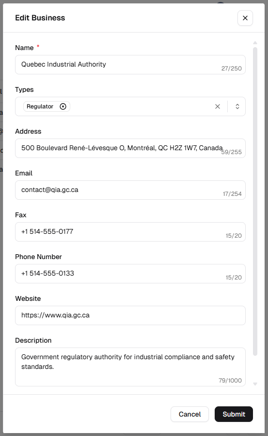 Edit Business modal with Name, Types tag, Address, Email, Fax, Phone, Website, Description, Cancel and Submit