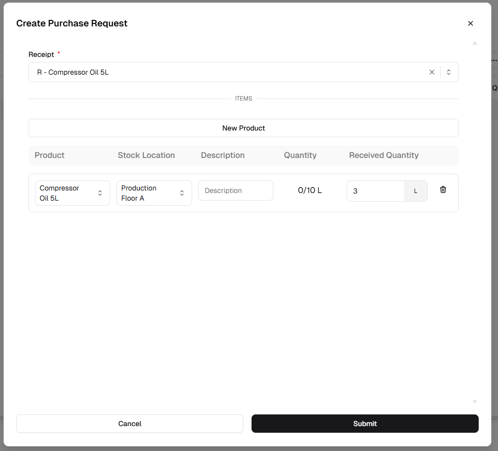 Dialog to add ordered items to a draft receipt with Receipt dropdown and Items table