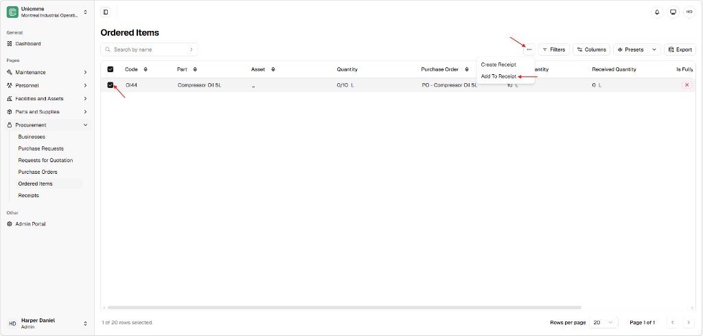 Ordered Items with row selected and More menu showing Add To Receipt and Create Receipt