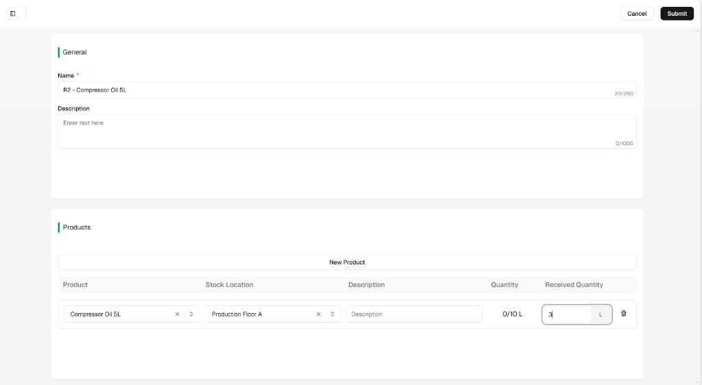 New receipt form with General Name and Description and Products table with Stock Location and Received Quantity