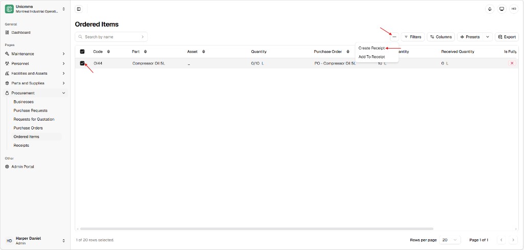 Ordered Items with row selected and More menu showing Create Receipt and Add To Receipt