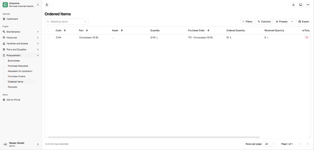 Ordered Items list with checkboxes, fulfillment columns, and table tools