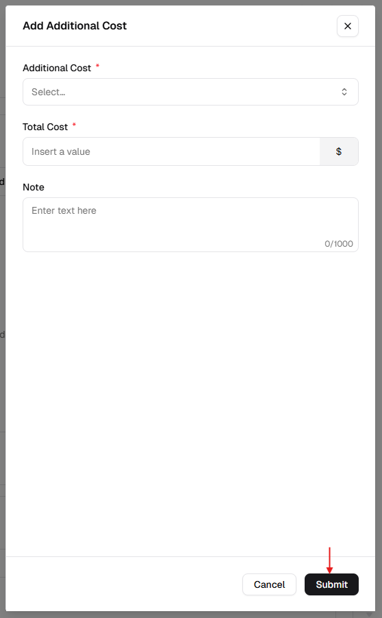 Add Additional Cost modal with Additional Cost dropdown, Total Cost with currency, Note, Cancel and Submit