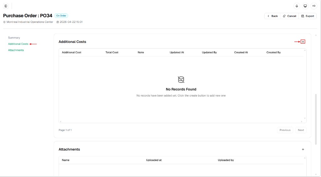Purchase Order detail with Additional Costs selected and plus button in section header