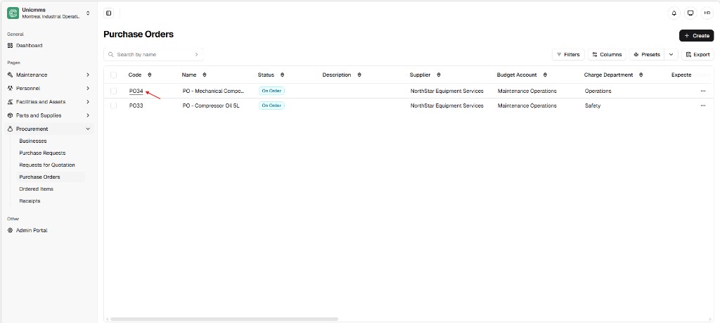 Purchase Orders list with Code column links to open a PO