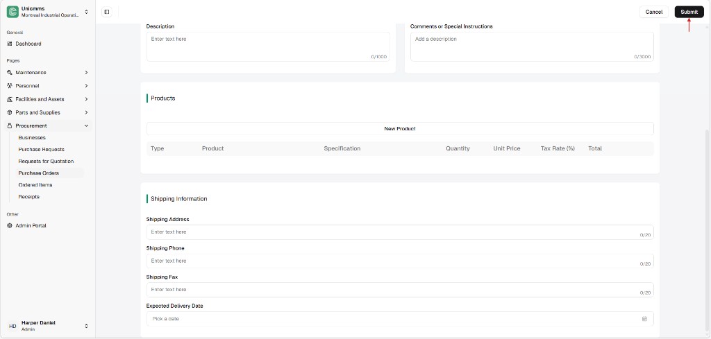 Create Purchase Order form with Description, Comments, Products table columns, Shipping Information, Submit