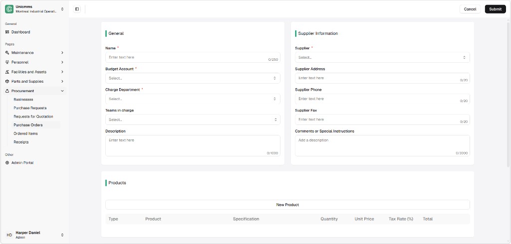 Create Purchase Order form with General, Supplier Information, Products header, Cancel and Submit