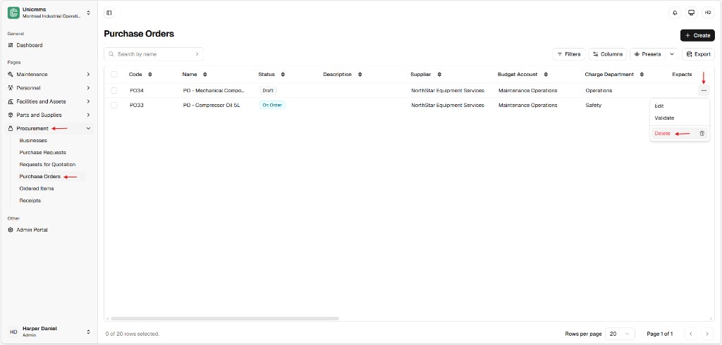 Purchase Orders list with row menu open highlighting Delete