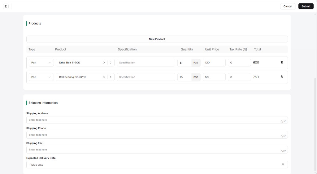 Edit Purchase Order form showing multiple product lines and Shipping Information with Cancel and Submit
