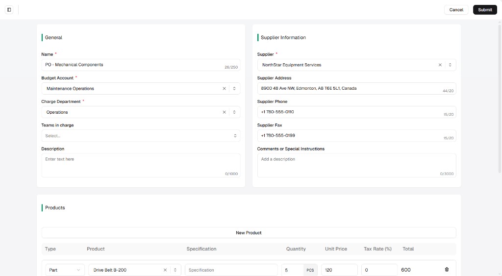 Edit Purchase Order form showing General and Supplier Information with filled example values and New Product